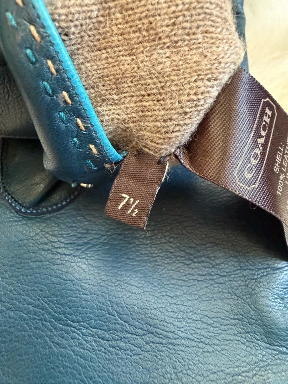 Coach Teal Leather Gloves with Cashmere Lining - Picture 7 of 8